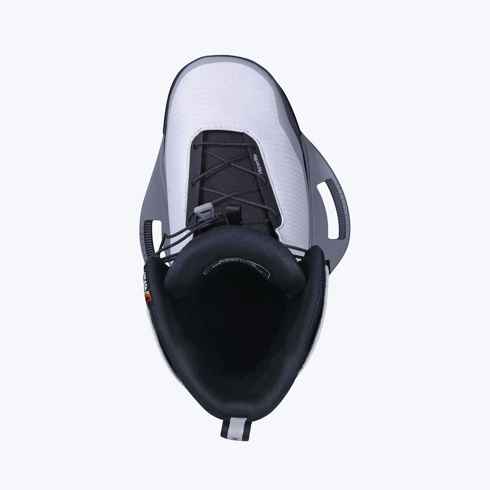 Top view of the Hyperlite Zero02 Boot 2026 by Hyperlite, a gray and black snowboarding boot inspired by ultra-light wake footwear, with speed-lacing and padded interior, shown on a plain light background.