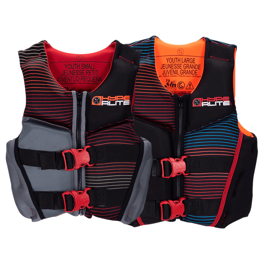 A pair of Hyperlite Boys Indy Vest - Youth life jackets with red and blue straps for safety.