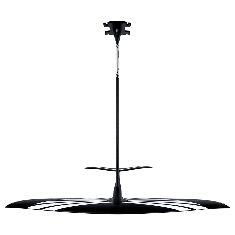 The Hyperlite Falcon 1500 Foil Set 2026 by Hyperlite features a central vertical mast connecting to a large fiberglass front wing and smaller rear stabilizer, all with sleek black surfaces accented by bold white highlights.