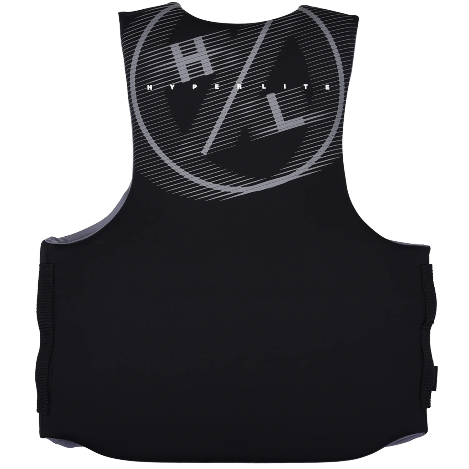The Hyperlite Indy Men's CGA Big & Tall Life Vest in Black/Grey is a US Coast Guard approved life jacket featuring gray side panels, a large stylized HL logo, and “Hyperlite” printed on the back for reliable flotation.