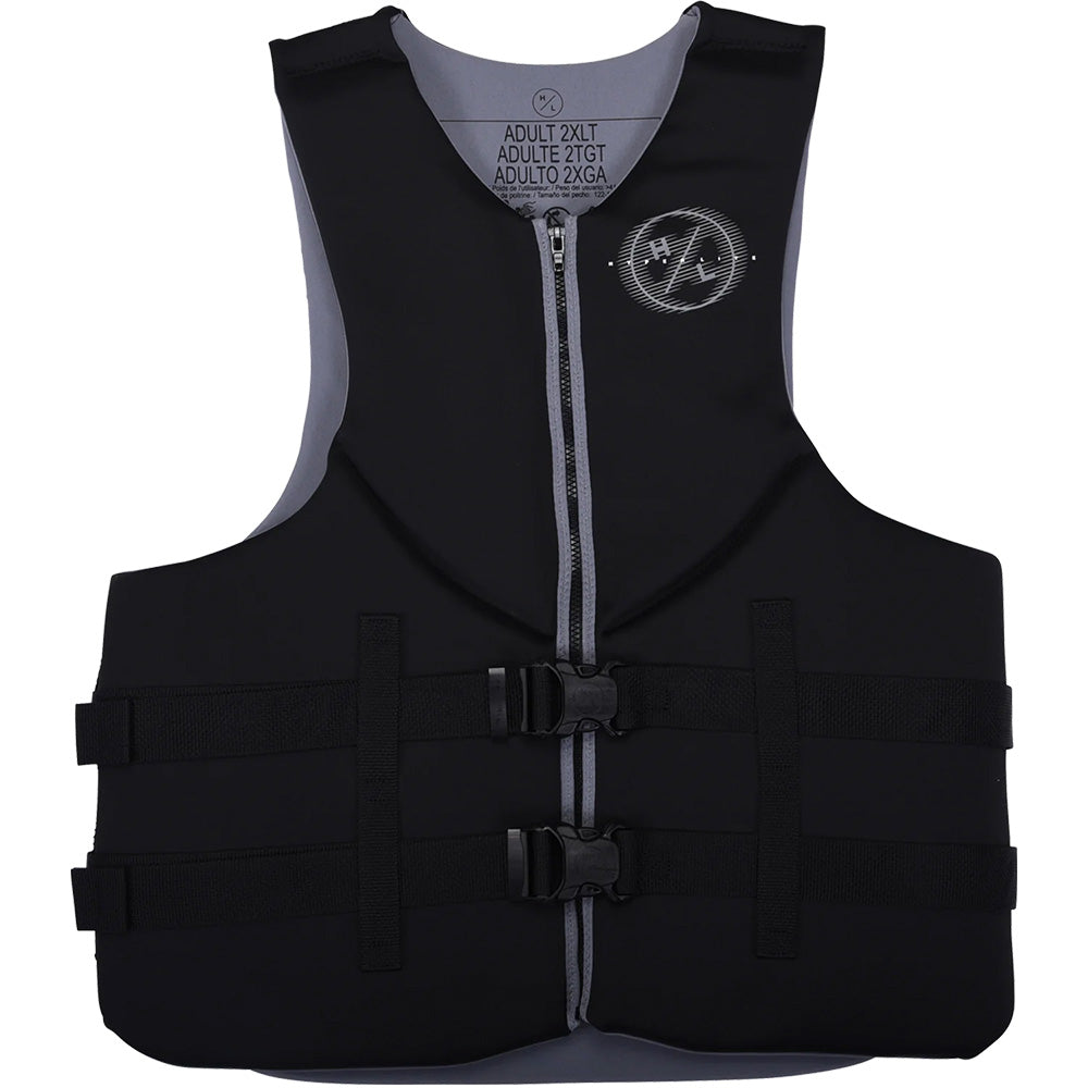The Hyperlite Indy Men's CGA Big & Tall Life Vest in black/grey features a front zipper, two adjustable buckle straps, a circular left chest logo, and an inside label marking it as an adult 2XLT personal flotation device.