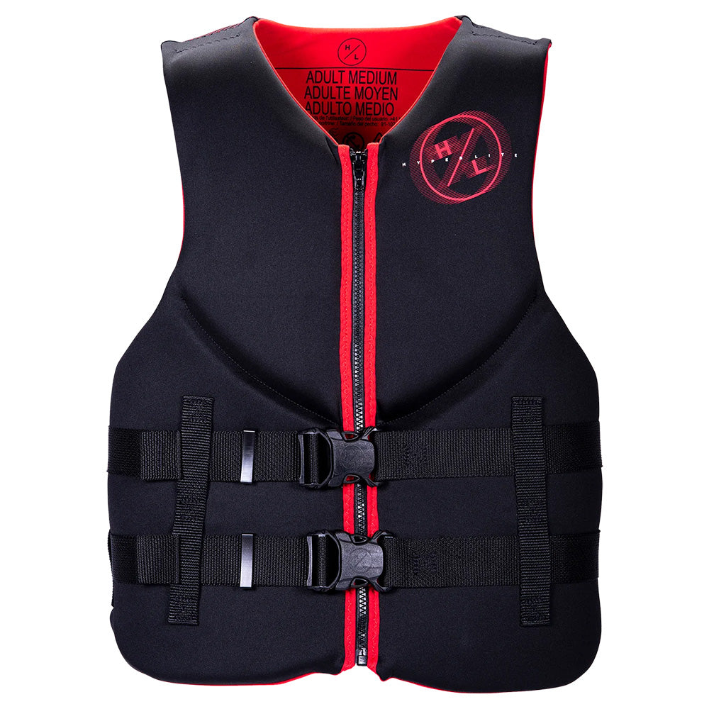 The Hyperlite Indy Men's CGA Life Vest in black/red features a front zipper, two adjustable buckle straps, and a circular logo on the upper left chest. Labeled Adult Medium in three languages—essential water safety gear from Hyperlite.
