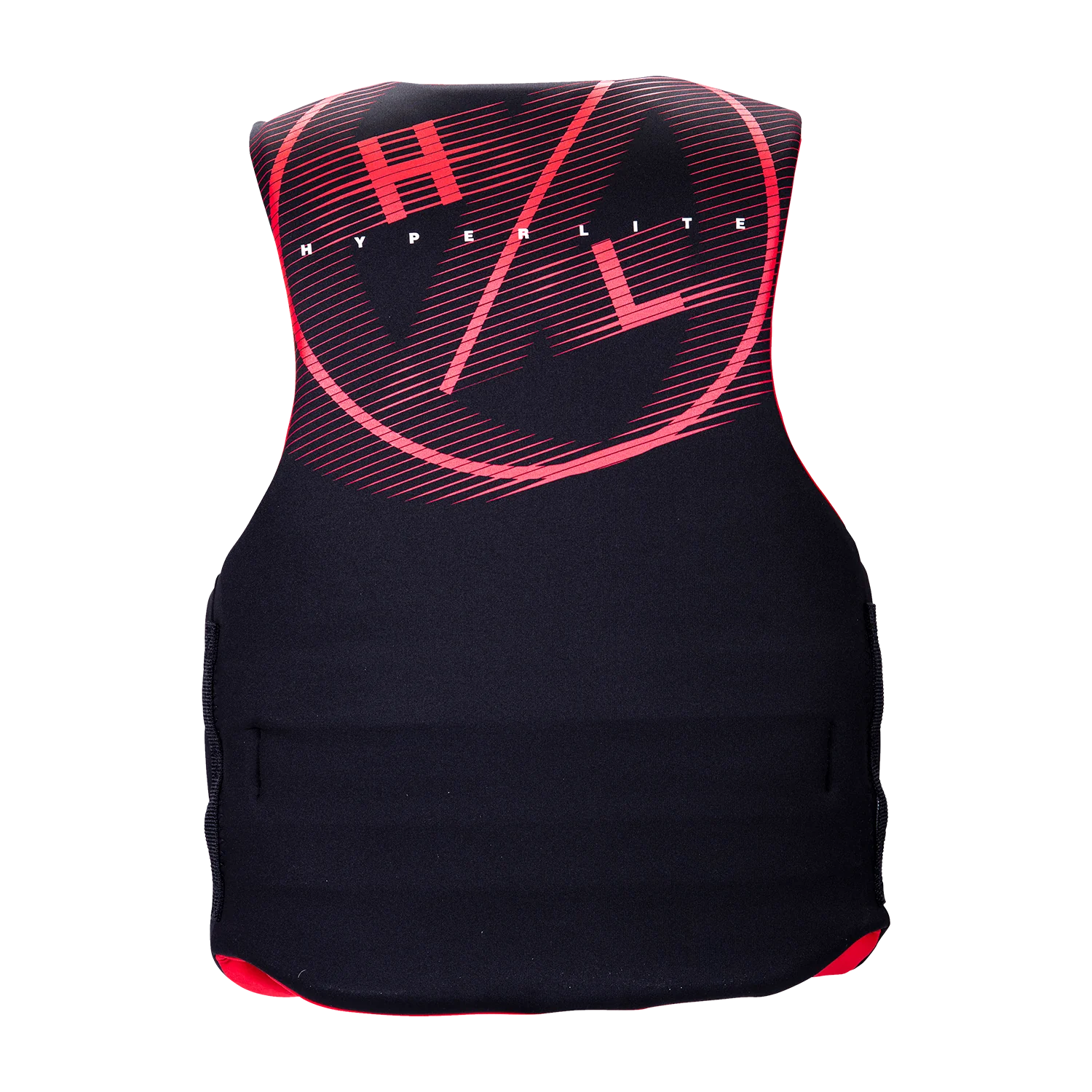 The Hyperlite Indy Men's CGA Life Vest in black/red features bold red accents and HYPERLITE branding—a stylish and functional men's water safety vest from Hyperlite.