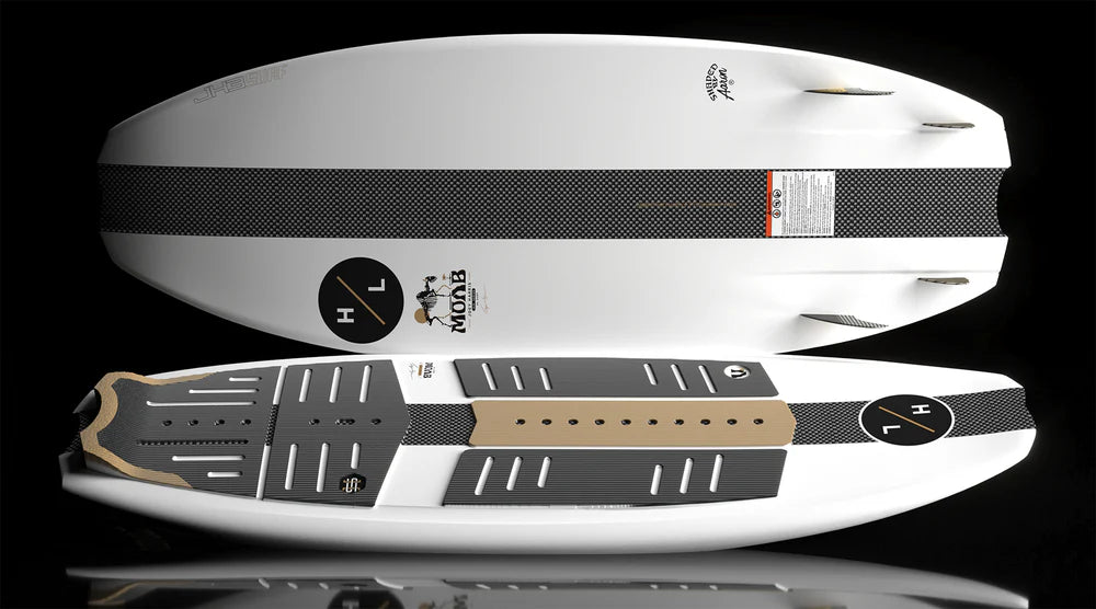 Two white Hyperlite Moab Wakesurf Boards are shown on a black background—one reveals the deck with textured black traction pads and a tan section, the other the underside with fins and Hyperlite branding; surf-style Joey Harris Pro Model.