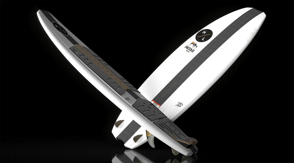 Two white and black Hyperlite Moab Wakesurf Boards 2026 by Hyperlite are shown against a black background—one upright and one flat—emphasizing the board’s surf-style fins and textured grip pads.