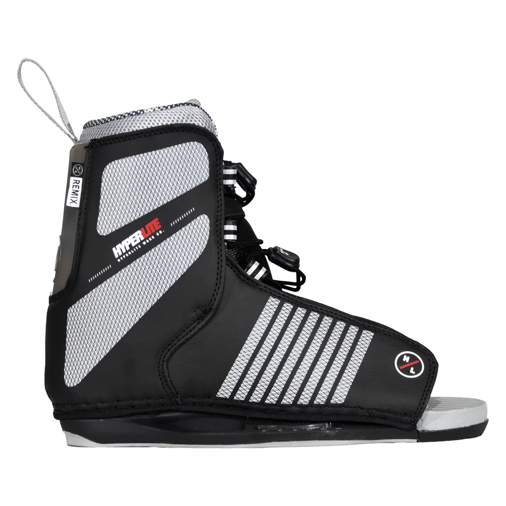 Black and gray wakeboard boot with brand logos on a white background