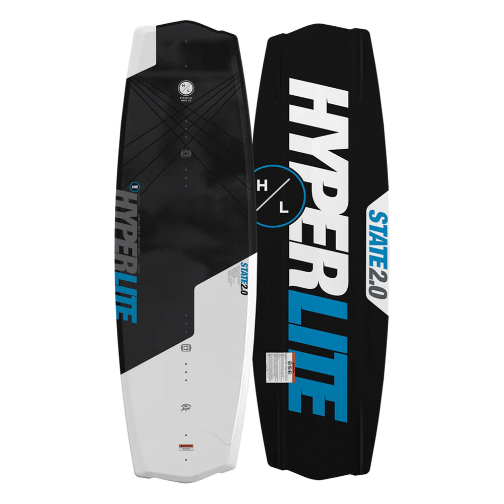 Two Hyperlite State 2.0 Wakeboard 2026 boards by Hyperlite are shown with asymmetrical designs for easier toe-side jumps—one features black, white, and blue graphics; the other displays bold HYPERLITE text in white and blue.