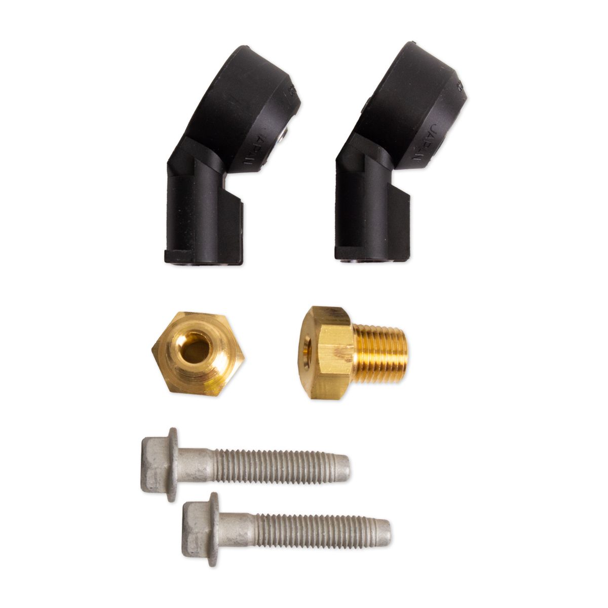 The Indmar Knock Brass Kit - 495039B includes two black plastic angled fittings, two brass hex fittings, and two silver bolts—essential components for Chevrolet engines.