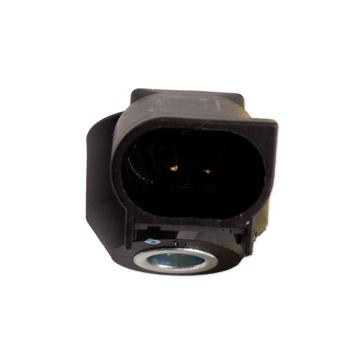 Close-up of an Indmar Knock Brass Kit - 495039B, a black electronic knock sensor with forward-facing connector port and metal ring at the bottom, designed for Chevrolet engines; brand: Indmar, shown isolated on white.