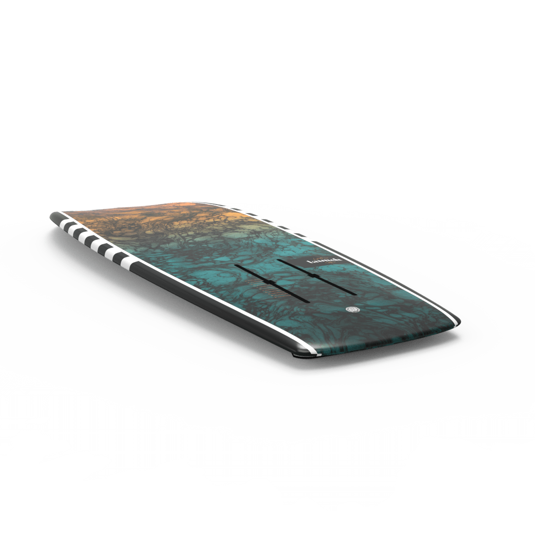 A stylized electronic device, featuring a nature-inspired design with three slender protrusions on its surface, evokes the imagery of a Liquid Force 2025 Launch Foil Board by the brand Liquid Force.