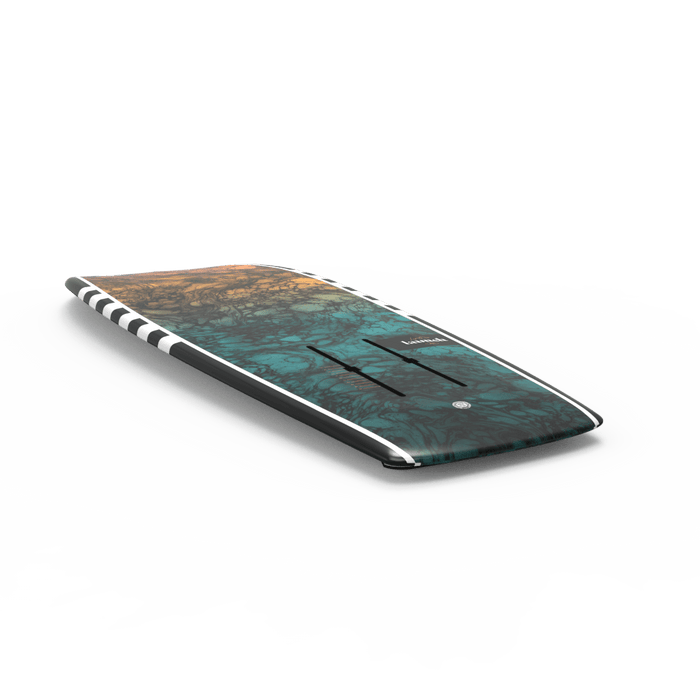 The Liquid Force 2025 Launch, also known as the Launch 120 Foil Package, is a vibrant electric surfboard boasting a sleek design and textured pattern with fins on the bottom, ideal for wake foiling adventures inspired by Liquid Force dynamics.