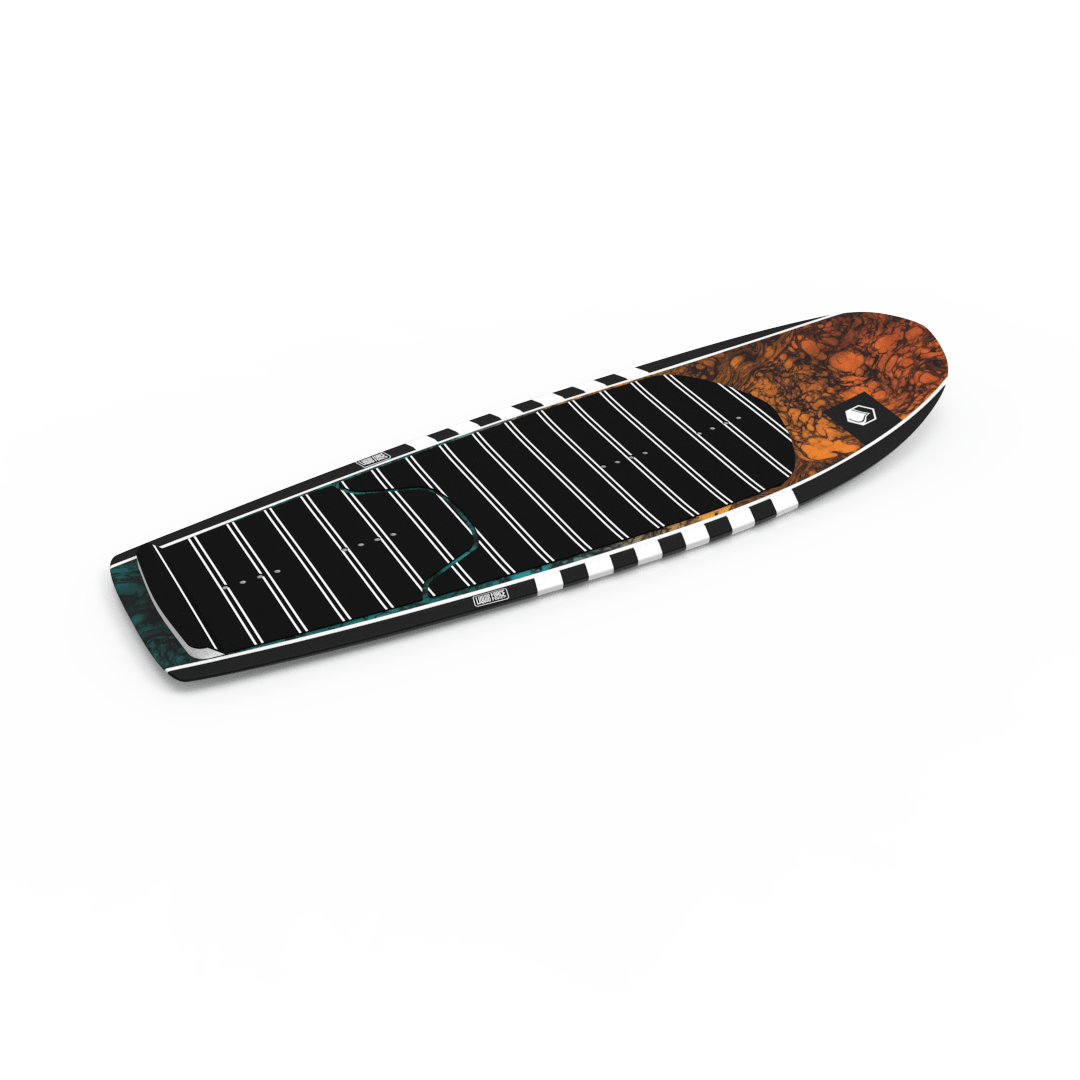 A Liquid Force 2025 Launch Foil Board, featuring a black and orange design with a textured surface and striped pattern, is displayed against a white background.