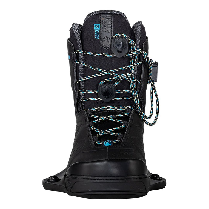 A pair of lightweight Liquid Force black boots with blue laces.