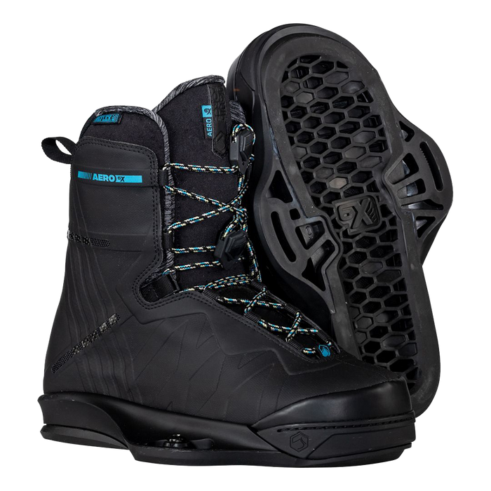 A lightweight pair of black and blue Liquid Force Remedy Aero snowboard boots.