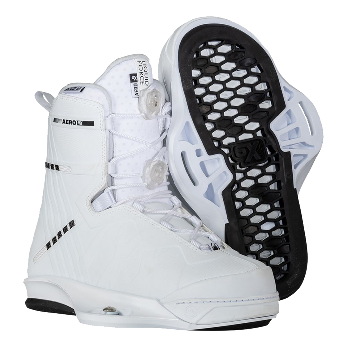 The Liquid Force 2023 Remedy Aero wakeboard boots are a lightweight package featuring a pair of white boots with black soles.