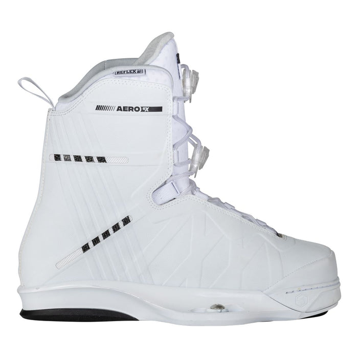 The Liquid Force 2023 Remedy Aero Wakeboard | Aero 6X Bindings (White), a lightweight package, showcases a white snowboard boot on a white background.