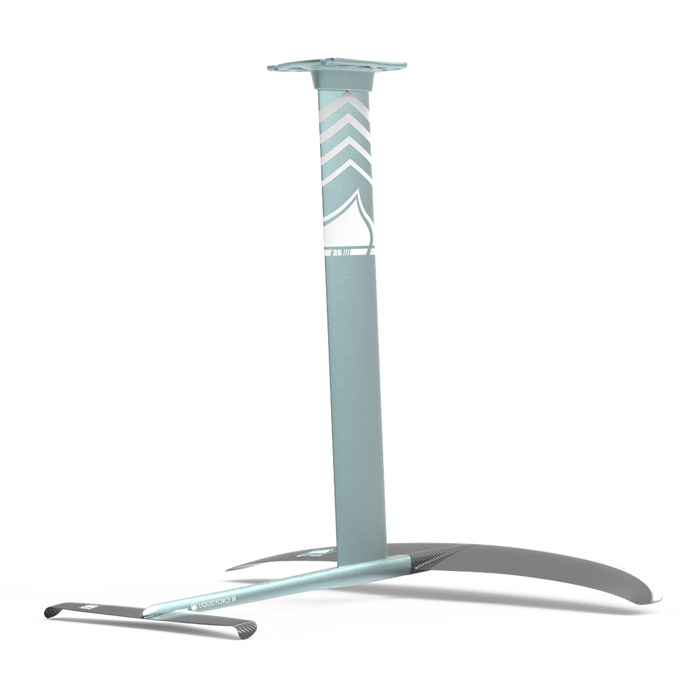 The Liquid Force 2025 Nebula Foil Board | Horizon Surf 120 Foil Package showcases a light blue CNC'd alloy mast and two expertly curved wings, designed for thrilling watersports experiences.