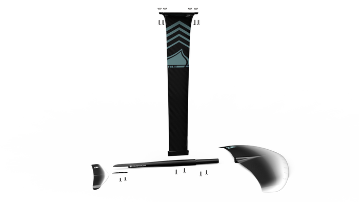 A black and white Liquid Force 2024 Nebula | Carbon Horizon Surf 155 Foil Package with a black handle.