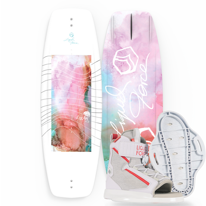 A Liquid Force 2024 Dream Wakeboard with a pair of Meagan Ethell signature Dream Bindings next to it.