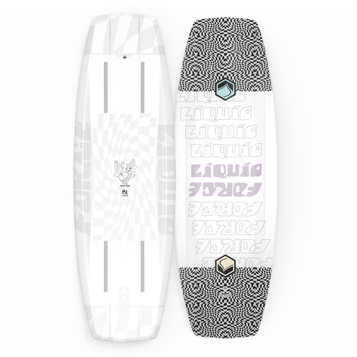 A Liquid Force 2023 M.E. Aero wakeboard with a design on it by Meagan Ethell.