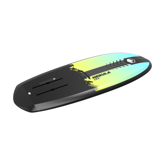 The Liquid Force 2024 Nebula is a black and yellow surfboard with DuraSurf construction, set against a sleek black background.