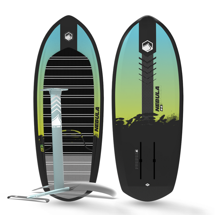 A Liquid Force stand up paddle board, such as the Liquid Force 2024 Nebula | Horizon Surf 155 Foil Package, with a paddle and durable DuraSurf construction.