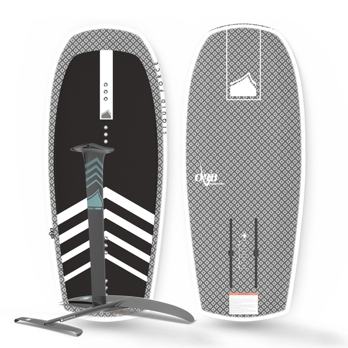 The Liquid Force Orb is a wakeboard with a black and white design, featuring a Liquid Force Carbon Horizon Surf 120 Foil Package and carbon Innegra construction.