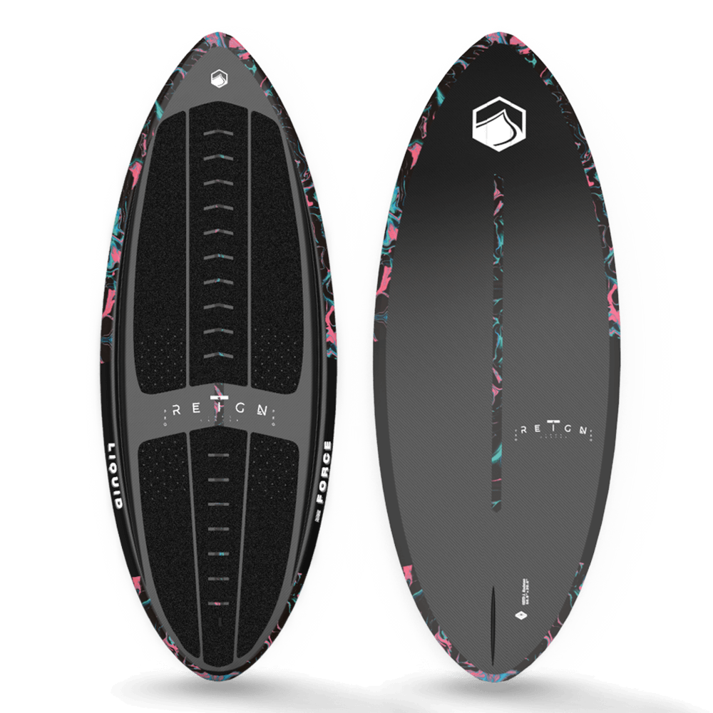 A Liquid Force Reign-ing champ stand up paddle board with a pink and black design, perfect for wakeboarding or slaying skim waves.
