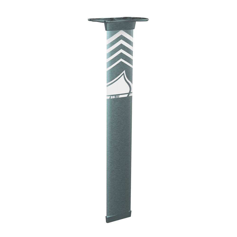 The Liquid Force 2025 Aluminum Mast is a tall, teal 28-inch alloy hydrofoil mast with white geometric designs and a wave-inspired logo, offering high stiffness for water sports equipment.