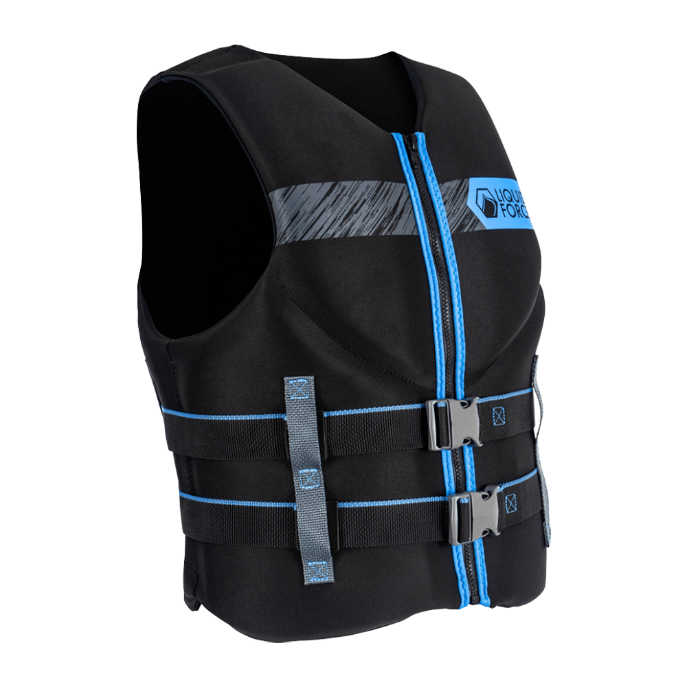 A Liquid Force Hinge Classic CGA Vest - Black/Blue on a black background.