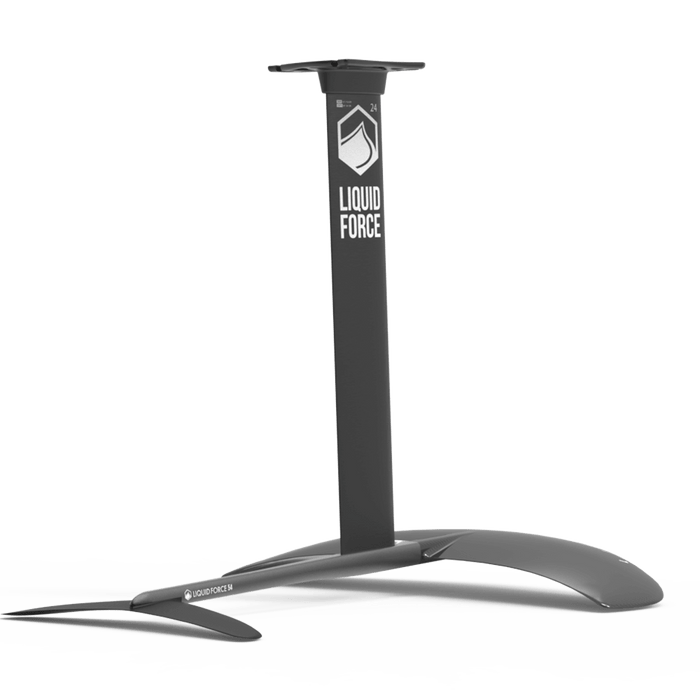 The Liquid Force 2025 Launch | Launch 120 Foil Package features a sleek black hydrofoil design with the prominent Liquid Force logo on its vertical mast, making it ideal for thrill-seekers in wake foiling.