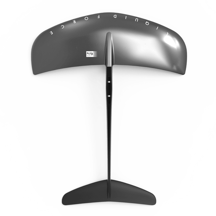 Top view of a sleek carbon fiber hydrofoil wing set, ideal for wake foiling, showcasing the Liquid Force logo on the larger wing from the Liquid Force 2025 Launch | Launch 120 Foil Package.