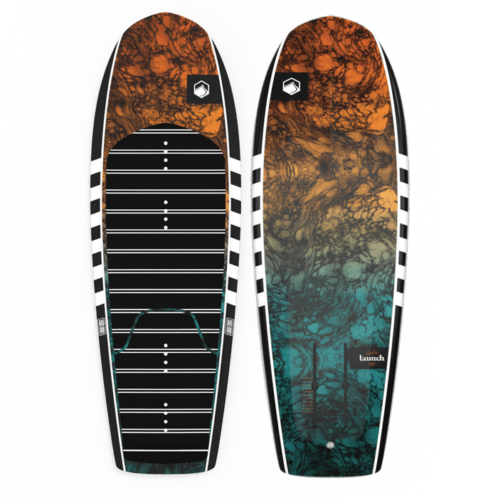 The Liquid Force 2025 Launch | Launch 120 Foil Package includes two surfboards showcasing vibrant marbled designs in orange, black, blue, and white. One of the boards features a grid pattern on its deck. Both prominently display the Liquid Force logo, reflecting the innovation expected from a top-tier product like this foil package.