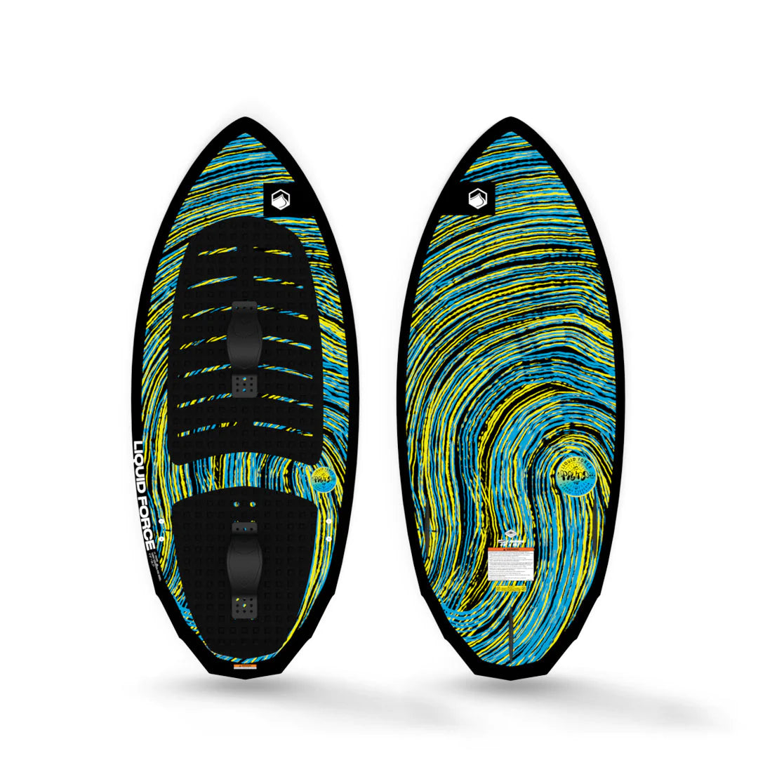 Two Liquid Force 2025 Primo Jr. Wakesurf Boards with swirling black and blue patterns, designed using Dura-Surf Construction, are displayed side by side.