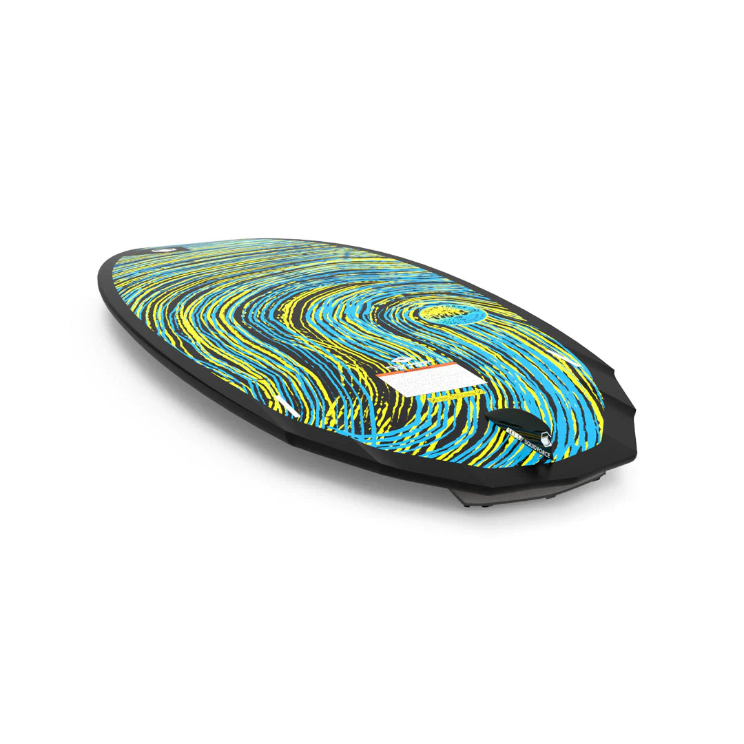 The Liquid Force 2025 Primo Jr. Wakesurf Board (w/ Straps) features a vibrant swirl pattern of blue, yellow, and green lines on a black background. Viewed from a low angle, it showcases its durability through Dura-Surf Construction—perfect for young surfers ready to catch their next wave.