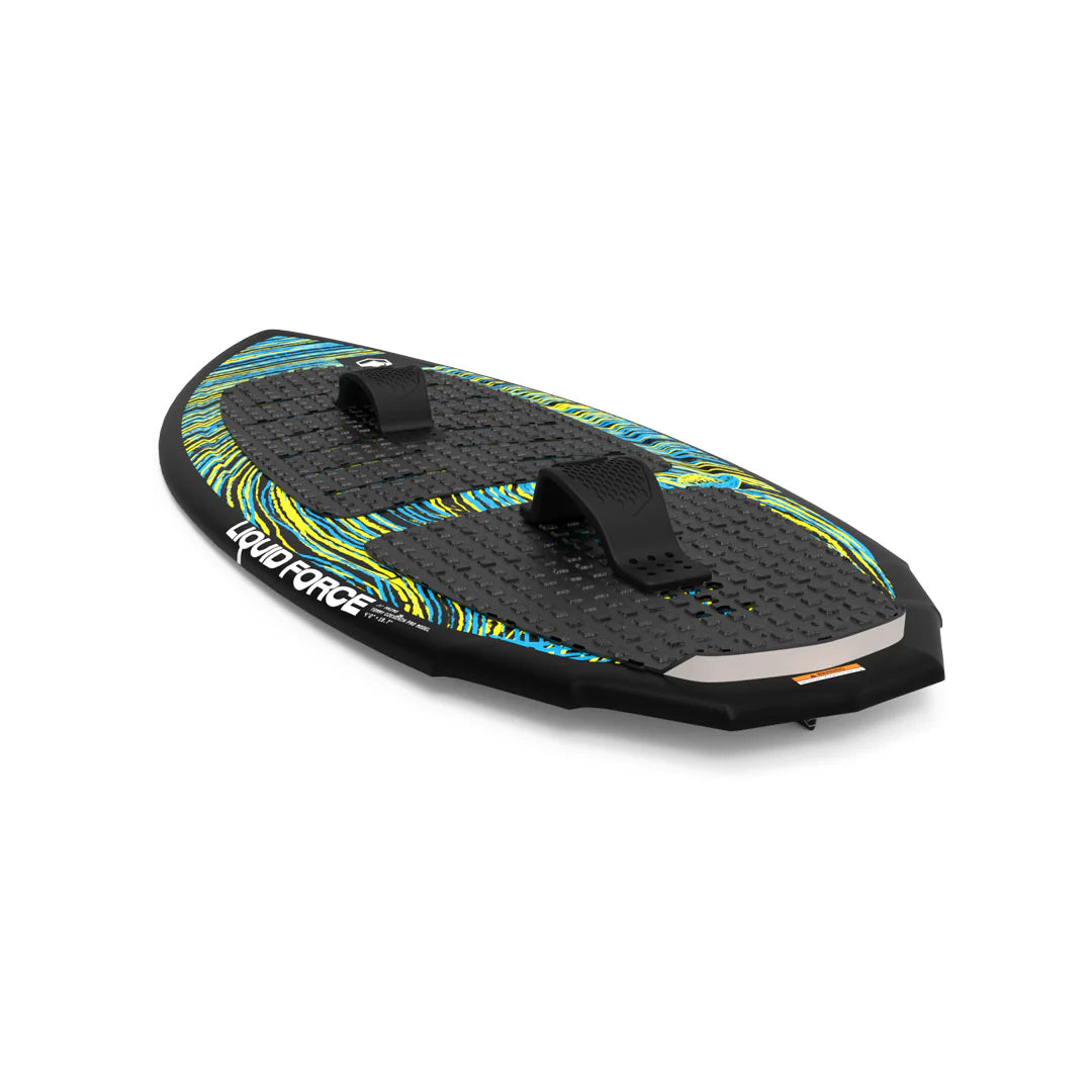The Liquid Force 2025 Primo Jr. Wakesurf Board (w/ Straps) features textured grips and a vibrant design with eye-catching blue and yellow patterns. Constructed with Dura-Surf technology, it's ideal for young groms excited to hit the waves.