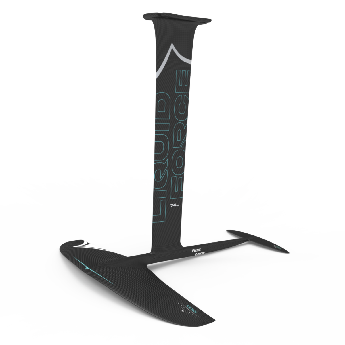 The Liquid Force 2025 Carbon Horizon 1200 Fuselock Foil Set, featuring a sleek black hydrofoil with the renowned Liquid Force branding, showcases the cutting-edge Fuse Lock system. It includes a vertical mast and horizontal wings, highlighted by the high-performance GLIDE Tail Wing and Horizon 1200 design, making it an ideal choice for water sports enthusiasts seeking adventure.
