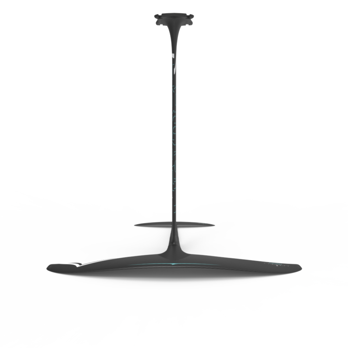 The Liquid Force 2025 Carbon Horizon 1200 Fuselock Foil Set, featuring a sleek black design and equipped with the high-performance GLIDE Tail Wing, is seen from the front against a plain white background, highlighting its streamlined and aerodynamic aesthetic with a Fuse Lock system.