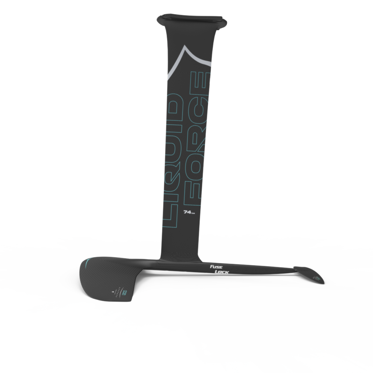 A black Liquid Force 2025 Carbon Horizon 1200 Fuselock Foil Set featuring a tall vertical mast and horizontal wings, including the high-performance GLIDE Tail Wing and Horizon 1200, shown against a white background.