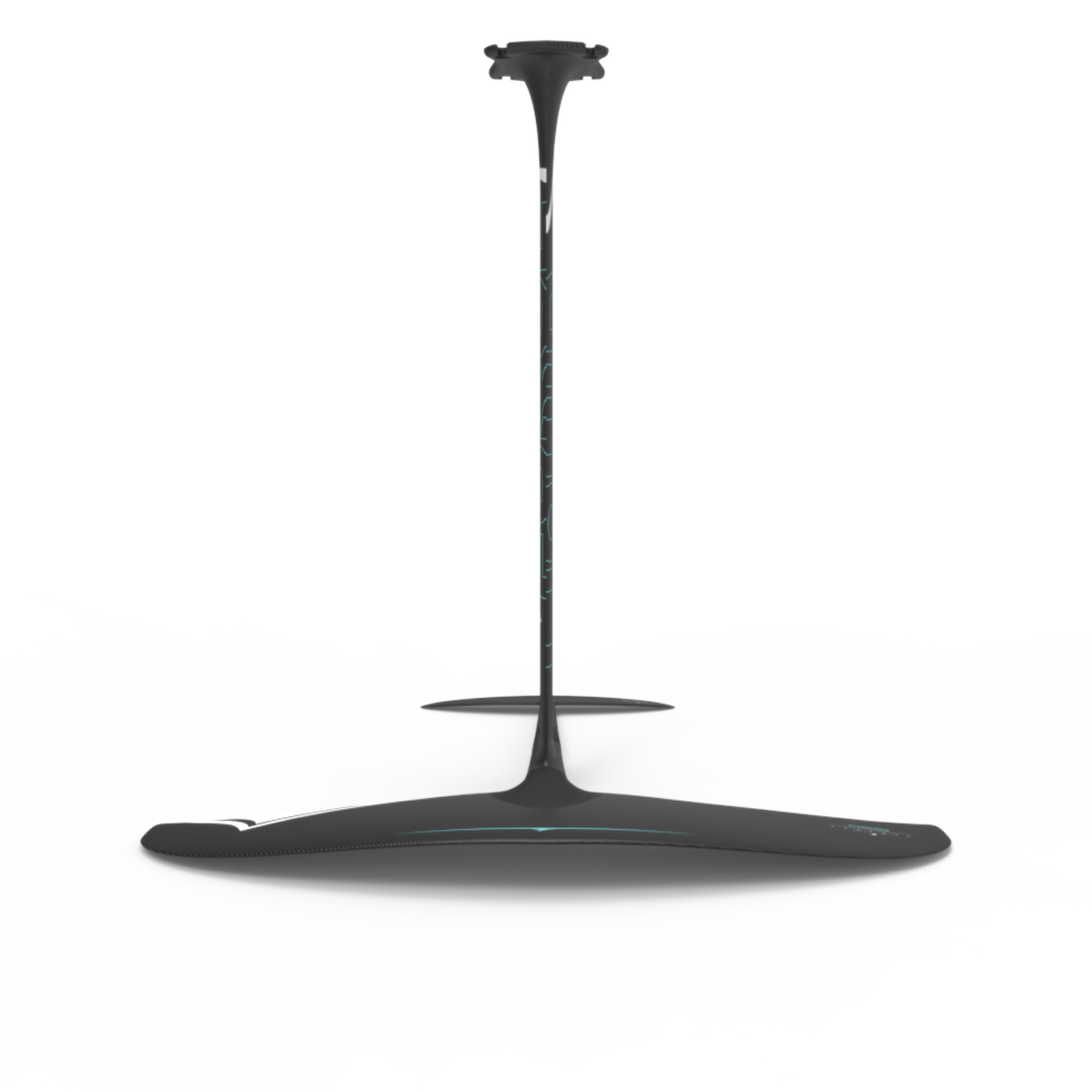 The Liquid Force 2025 Carbon Horizon 1550 Fuselock Foil Set, a sleek black hydrofoil designed for watercraft, features a High Modulus Mast with vertical orientation and horizontal wings. It is equipped with the innovative Fuse Lock system and is displayed on a plain white background.