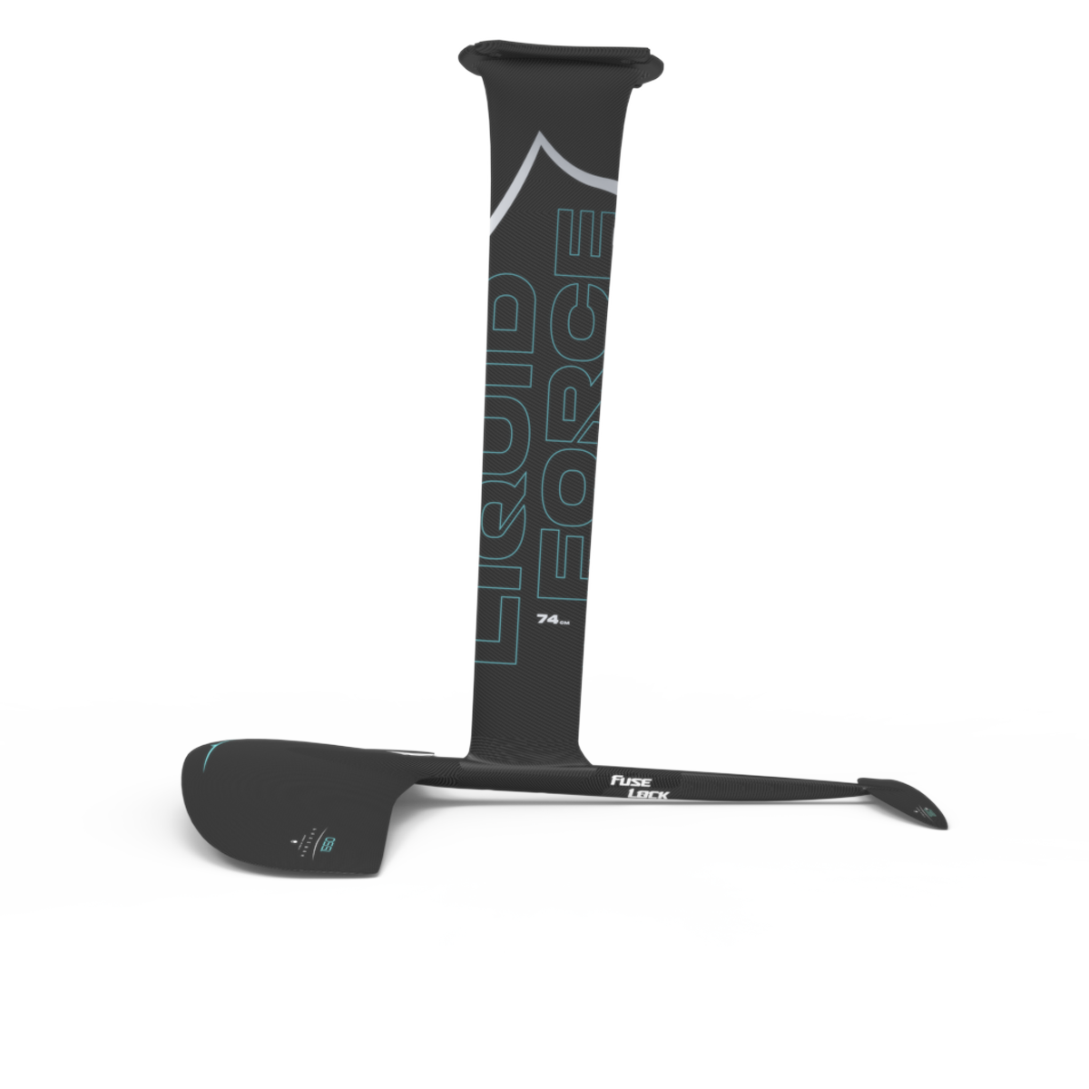 The Liquid Force 2025 Carbon Horizon 1550 Fuselock Foil Set features a streamlined design with the innovative Fuse Lock system and Horizon 1550 technology, all presented in a sleek dark color scheme.