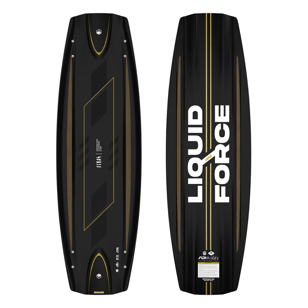 The Liquid Force 2025 Ethos Wakeboards, displayed from top and bottom angles in black, exemplify athlete-driven innovation with striking yellow and white accents, making them an ideal choice for wakeboarding enthusiasts.