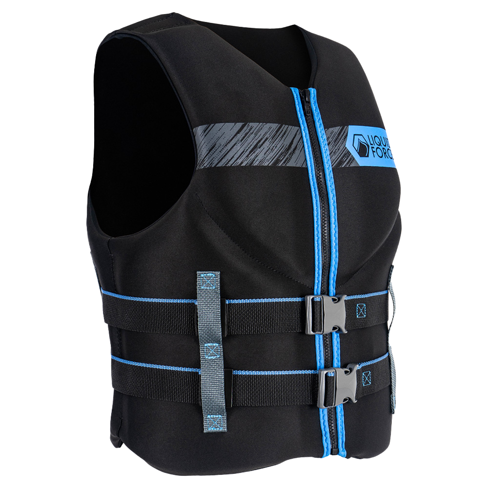 The Liquid Force Hinge Classic CGA Life Vest 2026 in Black/Blue features two adjustable buckle straps, a blue front zipper, and the Liquid Force logo on the chest. This men's Coast Guard Approved life jacket ensures reliable safety.