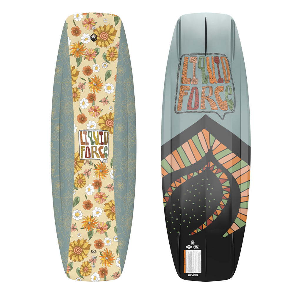The Liquid Force 2025 M.E. Kid's Wakeboard, designed for younger riders as part of the Future Series, features vibrant floral and geometric patterns visible from both the top and bottom.