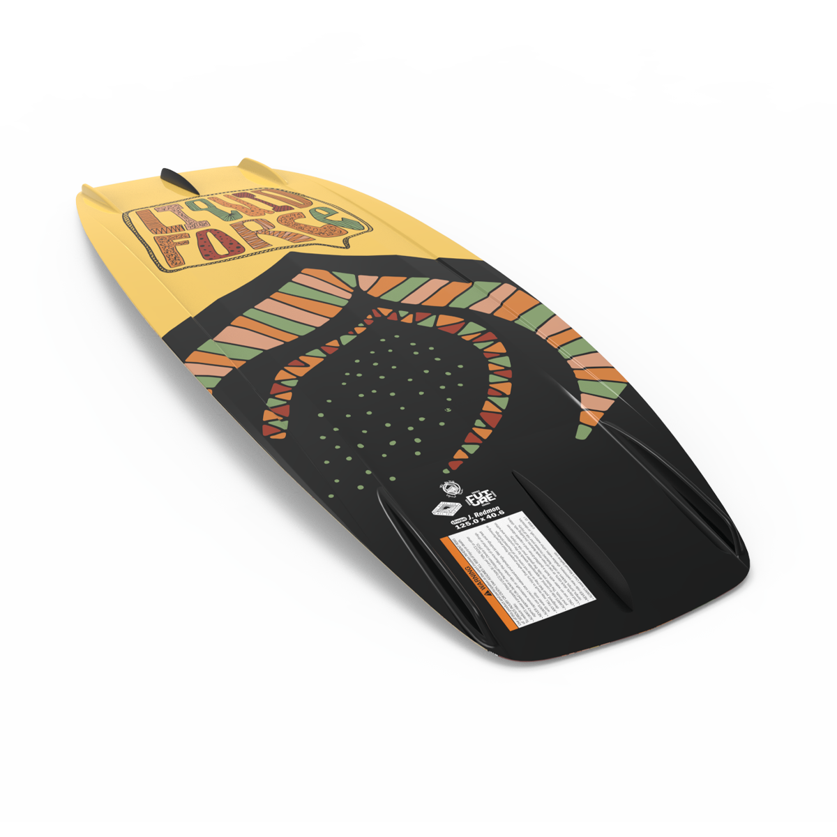 Introducing the Liquid Force 2025 M.E. Kid's Wakeboard, featuring a striking yellow and black geometric design. Part of the Land Force series and drawing inspiration from the bold aesthetics of the Liquid Force Future Series, this wakeboard is perfect for young adventurers seeking excitement on the water.