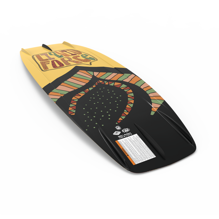 Yellow and black wakeboard featuring the text Land Force, tribal patterns, and a barcode sticker on the tail. Ideal for younger riders, this model embodies the adventurous spirit of the Liquid Force 2025 ME Kid's Wakeboard from the Liquid Force Future Series.