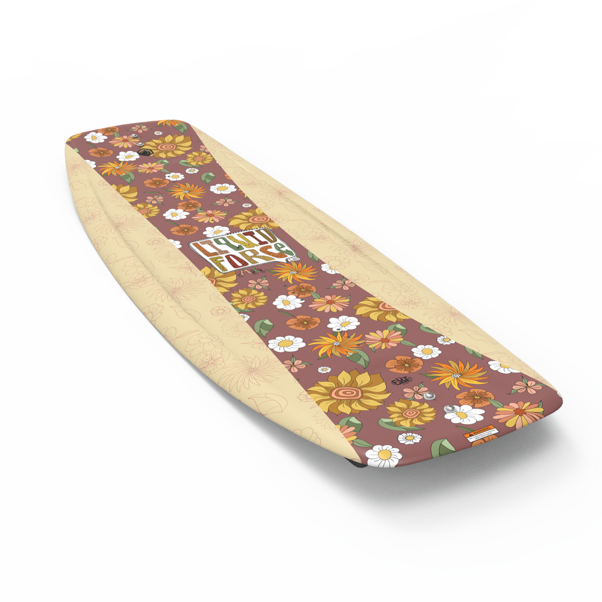 A wakeboard from the Liquid Force 2025 M.E. Kid's series features a floral pattern with orange, yellow, and white flowers set against a beige and brown background, making it ideal for younger riders. It is showcased beautifully on a plain white surface.
