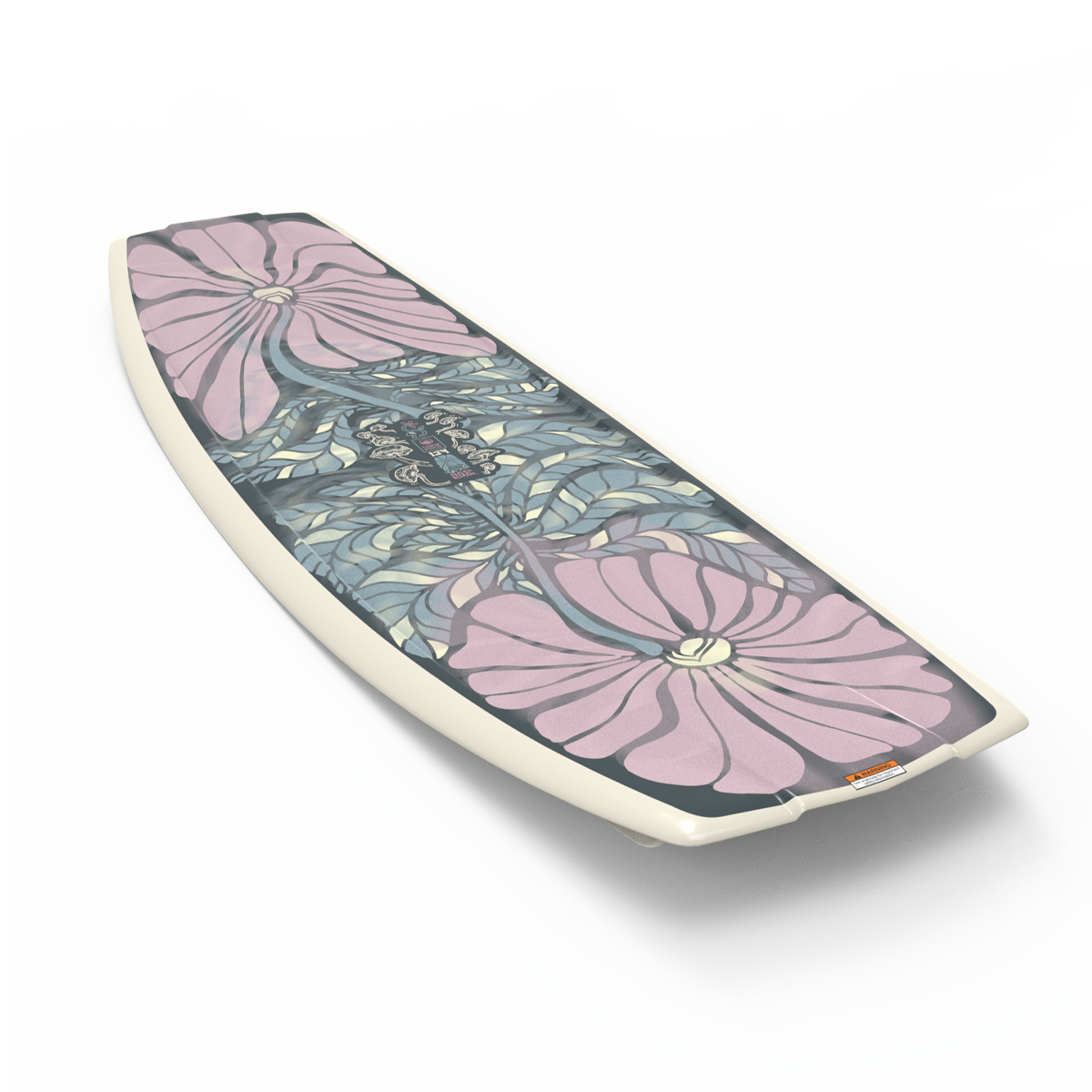 Meagan's pro model wakeboard, the Liquid Force 2025 M.E., features a floral design with large pink flowers set against a gray background, exemplifying Athlete Driven Innovation from Liquid Force.