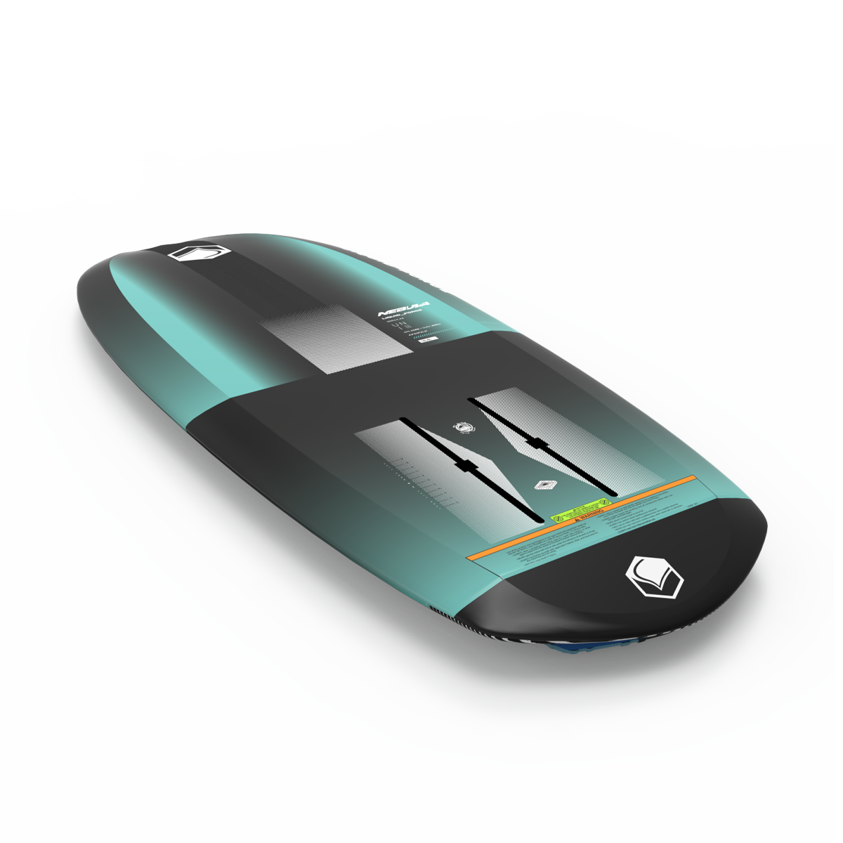The Liquid Force 2025 Nebula Foil Board showcases an elegant teal and black design set against a white backdrop, adorned with logos and a warning label. Thanks to its cutting-edge Dura-Surf Construction and built-in foil track, this board ensures durability and top-notch performance for every ride.