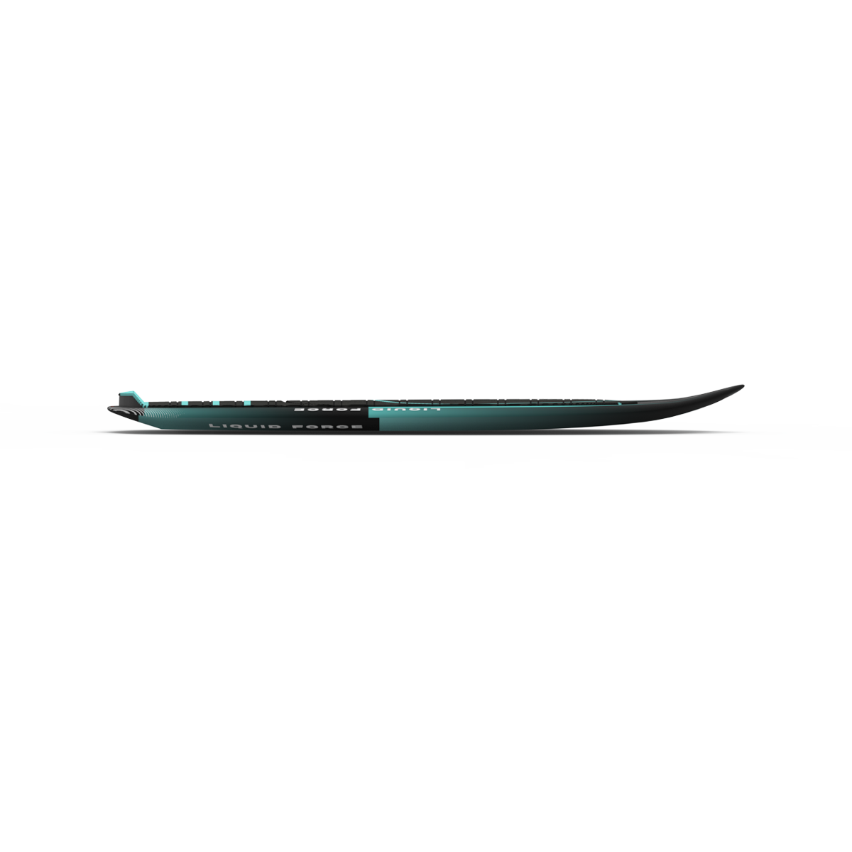 The Liquid Force 2025 Nebula Foil Board showcases a striking teal and black design, prominently highlighting the Liquid Force brand. Constructed with Dura-Surf technology, it delivers both durability and performance, while its cutting-edge foil track facilitates smooth rides on the water.